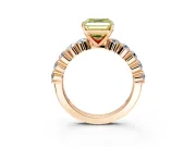 Shared-Prong Engagement Ring Setting for Fancy Yellow Asscher Cut Center with Graduated Accents and Prong Head in Rose Gold