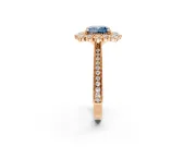 Milgrain Halo Engagement Ring Setting for Fancy Blue Cushion Cut Center with Bezel Point Accents and Prong Head in Rose Gold