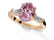 3 Stone Engagement Ring Setting for Fancy Pink Oval Center with Channel Baguette Accents and Prong Head in Rose Gold