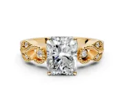 Leaf Engagement Ring Setting for Princess Cut Center with Milgrain Accent Band and Prong Head in Yellow Gold