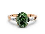 3 Stone Engagement Ring Setting for Fancy Green Oval Center with Baguette Accents and Prong Head in Rose Gold