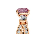 3 Stone Engagement Ring Setting for Fancy Pink Cushion Cut Center with Pave Twist Band and Prong Head in Rose Gold