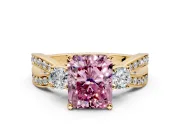 3 Stone Engagement Ring Setting for Fancy Pink Radiant Cut Center with Pave Twist Band and Prong Head in Yellow Gold