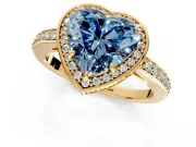 Halo Engagement Ring Setting for Fancy Blue Heart-Shaped Center with Metal-Rimmed Halo, Pave Band and Prong Head in Yellow Gold