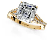 Solitaire Engagement Ring Setting for Asscher Cut Center with Twisted Pave Split Shank and Prong Head in Yellow Gold