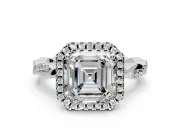 Halo Engagement Ring Setting for Asscher Cut Center with Pave and Plain Twist Band and Prong Head in Sterling Silver