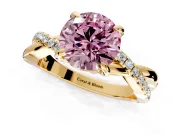 Solitaire Engagement Ring Setting for Fancy Pink Round Cut Center with Half-Pave Crossover Band and Prong Head in Yellow Gold