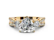 3 Stone Engagement Ring Setting for Heart-Shaped Center with Pave Split Shank and Prong Head in Yellow Gold