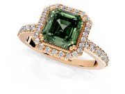 Halo Engagement Ring Setting for Fancy Green Asscher Cut Center with Inner Milgrain Border and Prong Head in Rose Gold