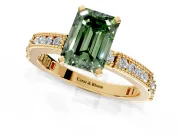 Solitaire Engagement Ring Setting for Fancy Green Emerald Cut Center with Milgrain-Edged Pave Band and Prong Head in Yellow Gold