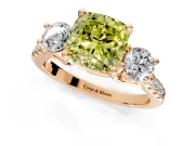 3 Stone Engagement Ring Setting for Fancy Yellow Cushion Cut Center with Crossover Basket, Pave Band and Prong Head in Rose Gold