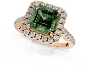 Halo Engagement Ring Setting for Fancy Green Asscher Cut Center with Raised Halo, Pave Band and Prong Head in Rose Gold