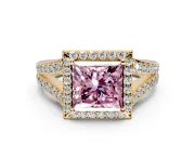 Halo Engagement Ring Setting for Fancy Pink Princess Cut Center with Narrow Pave Split Shank and Prong Head in Yellow Gold