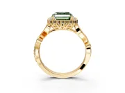 Halo Engagement Ring Setting for Fancy Green Asscher Cut Center with Leaf Motif Split Shank and Prong Head in Yellow Gold