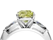 3 Stone Engagement Ring Setting for Fancy Yellow Cushion Cut Center with Tapered Baguettes, Plain Band and Prong Head in Platinum