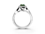 Halo Engagement Ring Setting for Fancy Green Emerald Cut Center with Narrow Pave Split Shank and Prong Head in White Gold