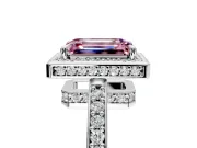 Halo Engagement Ring Setting for Fancy Pink Emerald Cut Center with Metal-Rimmed Halo, Pave Band and Prong Head in Sterling Silver