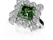 Cluster Halo Engagement Ring Setting for Fancy Green Princess Cut Center with Milgrain Bezel Accents and Prong Head in White Gold