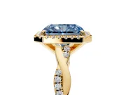 Halo Engagement Ring Setting for Fancy Blue Radiant Cut Center with Pave and Plain Twist Band and Prong Head in Yellow Gold