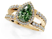 Halo Engagement Ring Setting for Fancy Green Pear-Shaped Center with Wide-Open Pave Split Shank and Prong Head in Yellow Gold