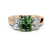 3 Stone Engagement Ring Setting for Fancy Green Radiant Cut Center with Raised Basket Heads and Prong Head in Rose Gold
