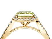 Halo Engagement Ring Setting for Fancy Yellow Asscher Cut Center with Narrowing Pave Band and Prong Head in Yellow Gold