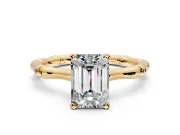 Solitaire Engagement Ring Setting for Emerald Cut Center with Bamboo Band and Prong Head in Yellow Gold