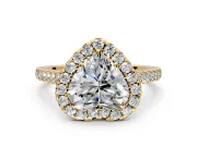 Halo Engagement Ring Setting for Heart-Shaped Center with Narrowing Pave Band and Prong Head in Yellow Gold