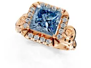 Halo Engagement Ring Setting for Fancy Blue Princess Cut Center with Open Scroll Shoulders and Prong Head in Rose Gold
