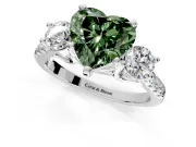 3 Stone Engagement Ring Setting for Fancy Green Heart-Shaped Center with Crossover Basket, Pave Band and Prong Head in White Gold