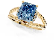Halo Engagement Ring Setting for Fancy Blue Radiant Cut Center with Rope Twist Split Shank and Prong Head in Yellow Gold