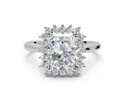 Starburst Halo Engagement Ring Setting for Radiant Cut Center with Thin Round-Wire Band and Prong Head in Sterling Silver