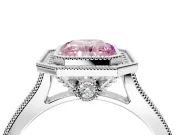 Halo Engagement Ring Setting for Fancy Pink Radiant Cut Center with Milgrain Pave Band and Bezel Head in Platinum