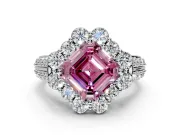 Large Accent Halo Engagement Ring Setting for Fancy Pink Asscher Cut Center with Pave Split Shank and Prong Head in Platinum