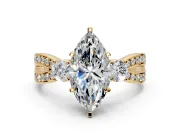 3 Stone Engagement Ring Setting for Marquise Center with Pave Twist Band and Prong Head in Yellow Gold