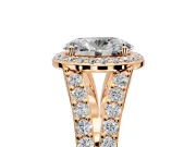 Halo Engagement Ring Setting for Oval Center with Narrow Pave Split Shank and Prong Head in Rose Gold