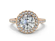 Pave Halo Engagement Ring Setting for Round Cut Center with Single Row Pave Band and Prong Head in Rose Gold
