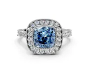 Halo Engagement Ring Setting for Fancy Blue Cushion Cut Center with Milgrain Frame, Pave Band and Prong Head in Platinum