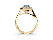 Halo Engagement Ring Setting for Fancy Blue Radiant Cut Center with Outer Bezel Rim, Pave Band and Prong Head in Yellow Gold