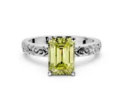 Solitaire Engagement Ring Setting for Fancy Yellow Emerald Cut Center with Scrollwork Band and Prong Head in White Gold