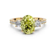 3 Stone Engagement Ring Setting for Fancy Yellow Oval Center with Round Cut Side Accents and Prong Head in Yellow Gold