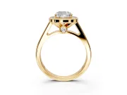 Halo Engagement Ring Setting for Cushion Cut Center with Outer Bezel Rim, Pave Band and Prong Head in Yellow Gold
