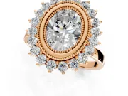 Halo Engagement Ring Setting for Oval Center with Milgrain Bezel Rim, Plain Band and Prong Head in Rose Gold