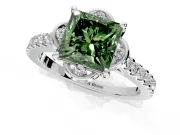 Floral Engagement Ring Setting for Fancy Green Princess Cut Center with Pave Band and Floral Prong Head in Platinum