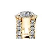 Halo Engagement Ring Setting for Round Cut Center with Wide-Open Pave Split Shank and Prong Head in Yellow Gold