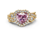 Milgrain Halo Engagement Ring Setting for Fancy Pink Heart-Shaped Center with Shoulder Bezels and Prong Head in Yellow Gold