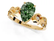 Leaf Engagement Ring Setting for Fancy Green Pear-Shaped Center with Milgrain Accent Band and Prong Head in Yellow Gold