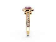 Halo Engagement Ring Setting for Fancy Pink Cushion Cut Center with Outer Bezel Rim, Pave Band and Prong Head in Yellow Gold