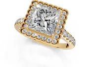Milgrain Floral Halo Engagement Ring Setting for Princess Cut Center with Pave Band and Prong Head in Yellow Gold
