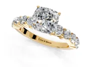 Shared-Prong Engagement Ring Setting for Cushion Cut Center with Graduated Accents and Prong Head in Yellow Gold